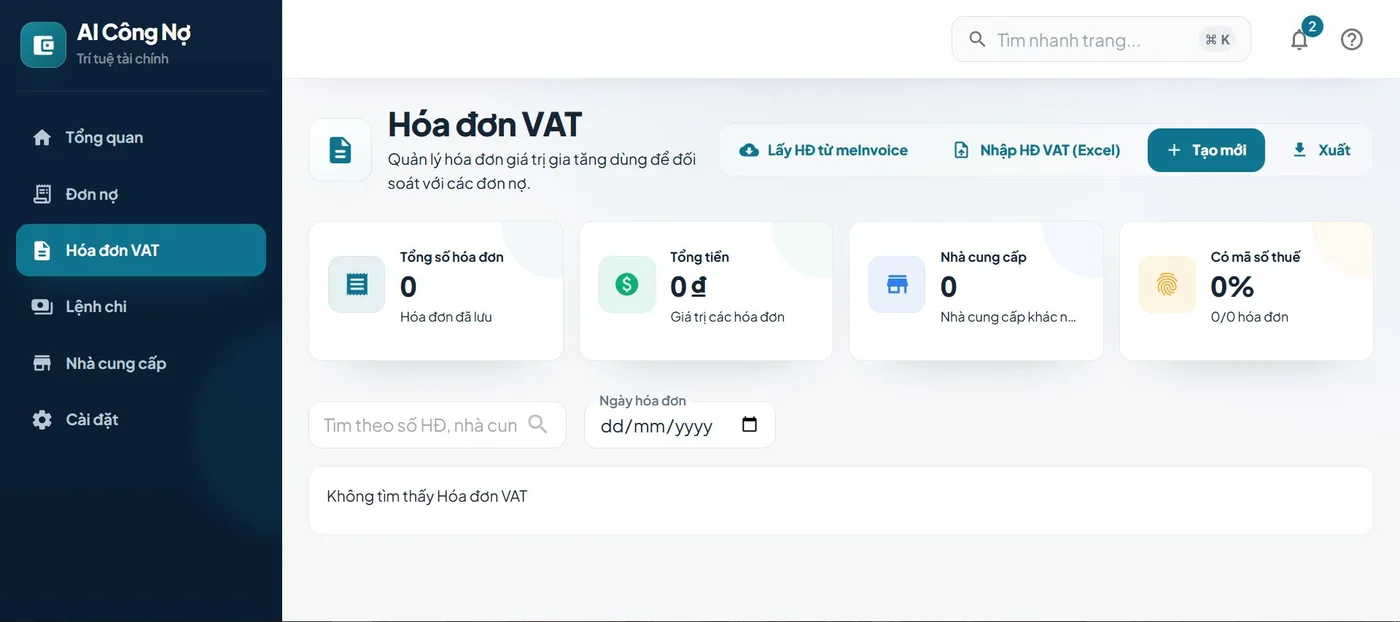 Hóa đơn VAT trong demo Kiểm soát công nợ bằng AI
