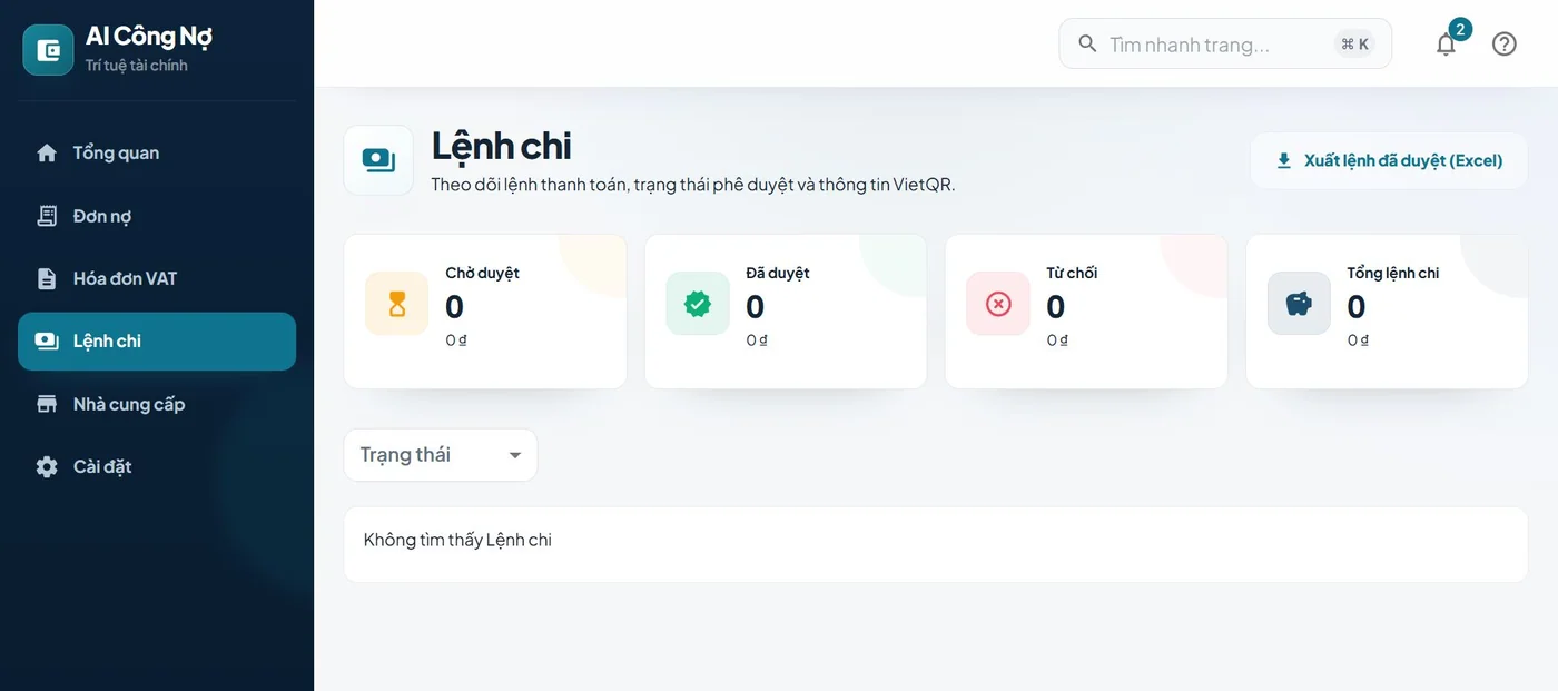 Lệnh chi trong demo Kiểm soát công nợ bằng AI