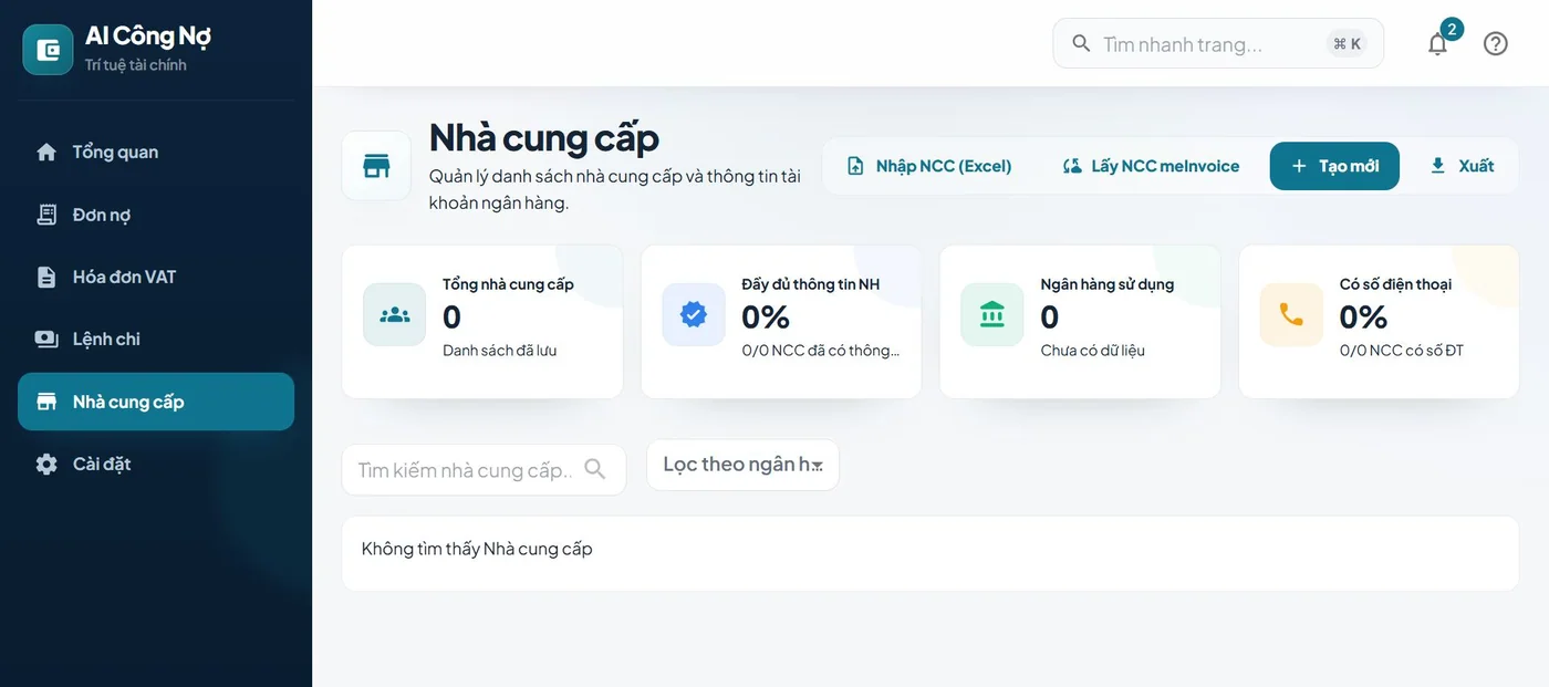 Nhà cung cấp trong demo Kiểm soát công nợ bằng AI