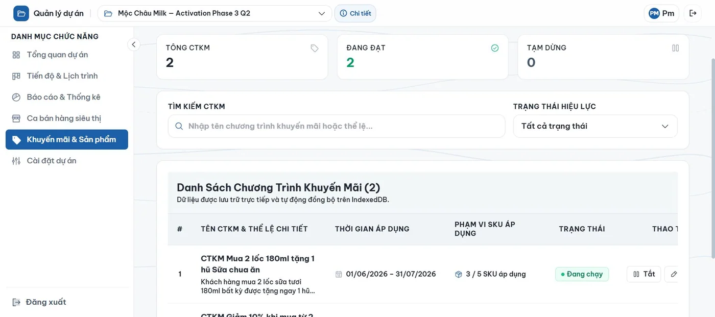Khuyến mãi & Sản phẩm trong demo Dự án điểm bán Mộc Châu Milk