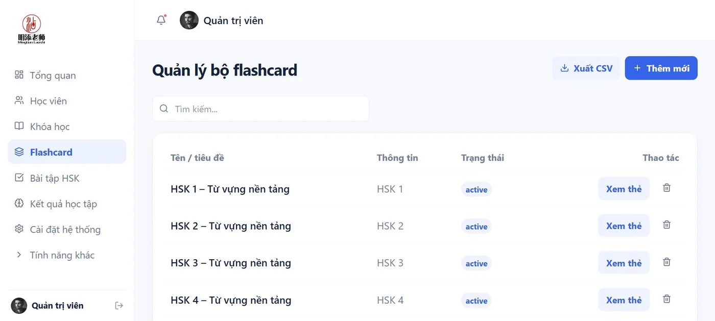 Flashcard trong demo Học tiếng Trung HSK