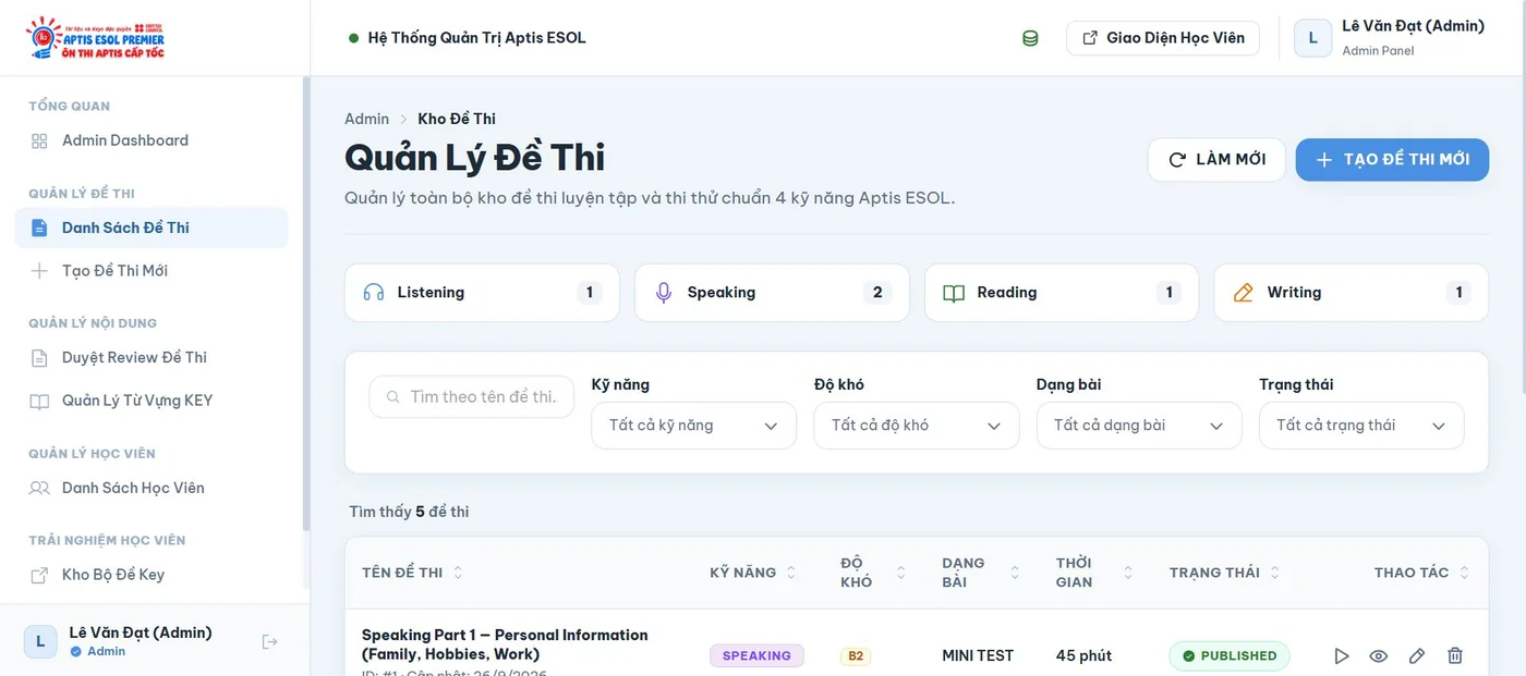 Danh sách đề thi trong demo Luyện kỹ năng tiếng Anh APTIS