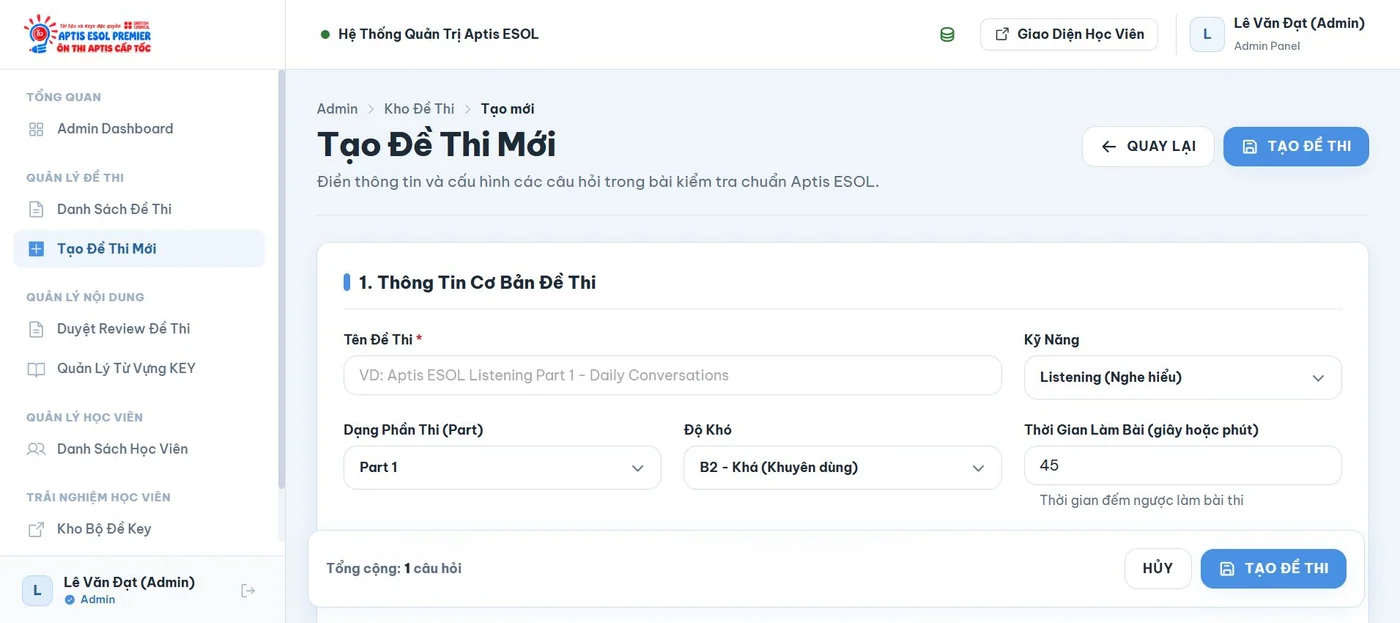 Tạo đề thi mới trong demo Luyện kỹ năng tiếng Anh APTIS