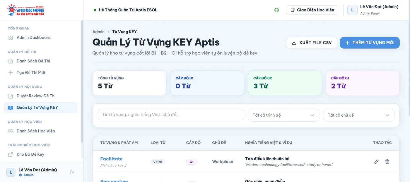 Quản lý từ vựng KEY trong demo Luyện kỹ năng tiếng Anh APTIS
