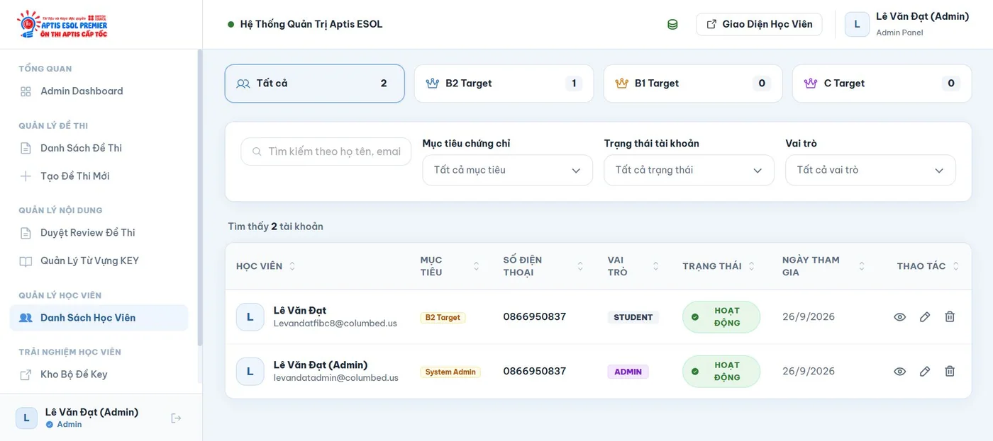 Danh sách học viên trong demo Luyện kỹ năng tiếng Anh APTIS