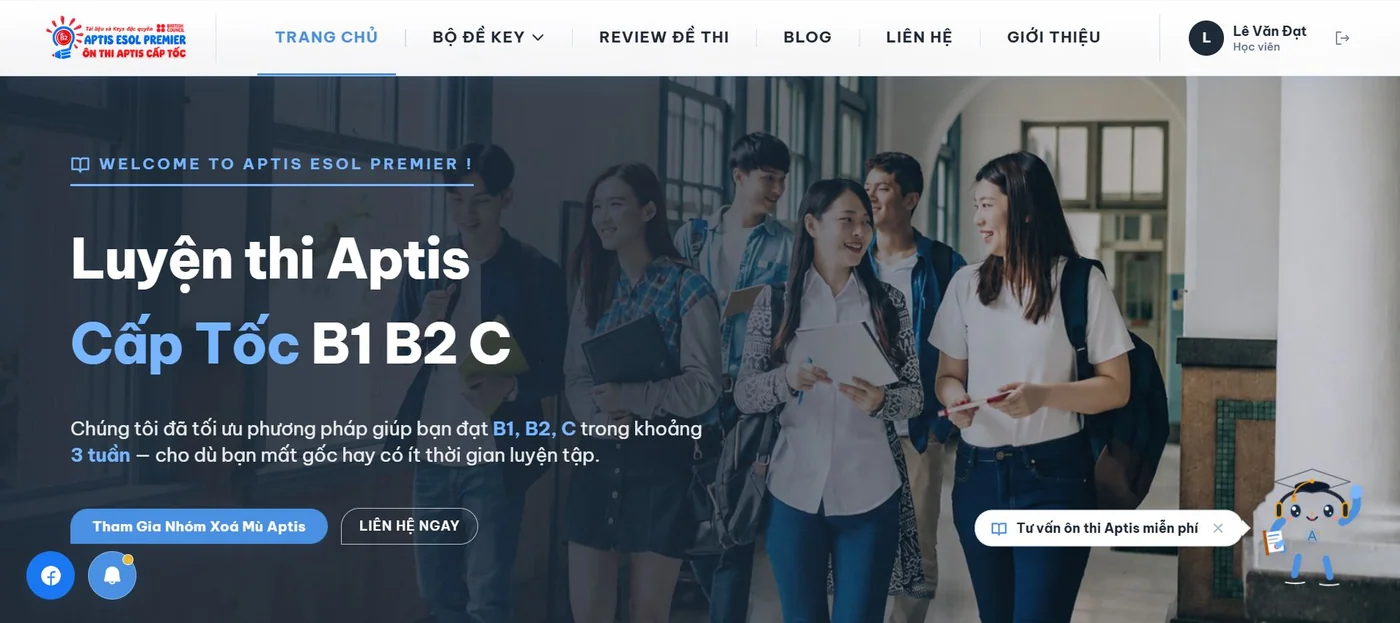 Trang chủ trong demo Luyện kỹ năng tiếng Anh APTIS