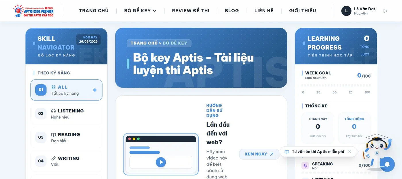 Kho bộ đề KEY trong demo Luyện kỹ năng tiếng Anh APTIS