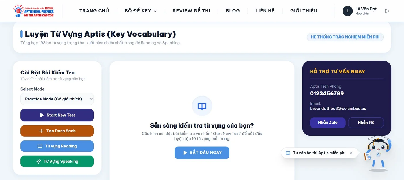 Từ vựng KEY trong demo Luyện kỹ năng tiếng Anh APTIS
