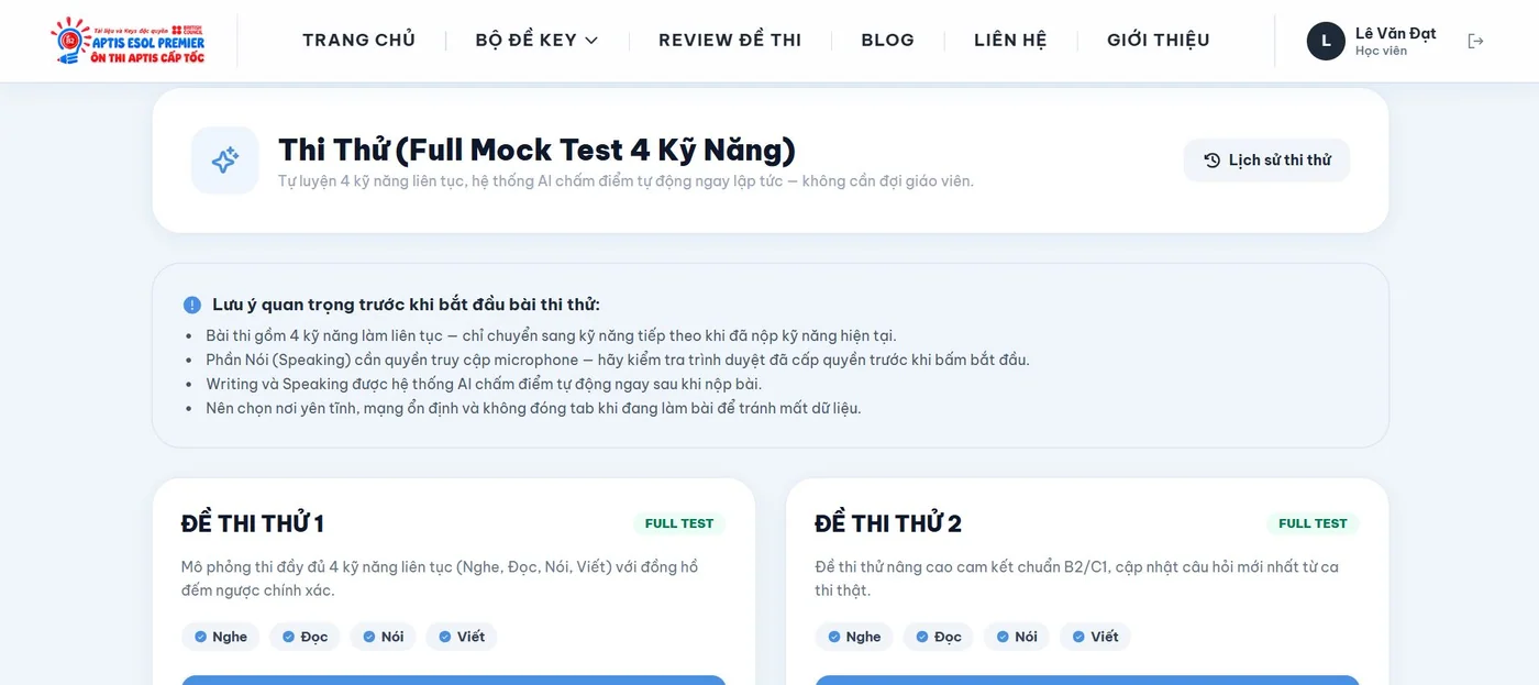 Thi thử FULL 4 kỹ năng trong demo Luyện kỹ năng tiếng Anh APTIS