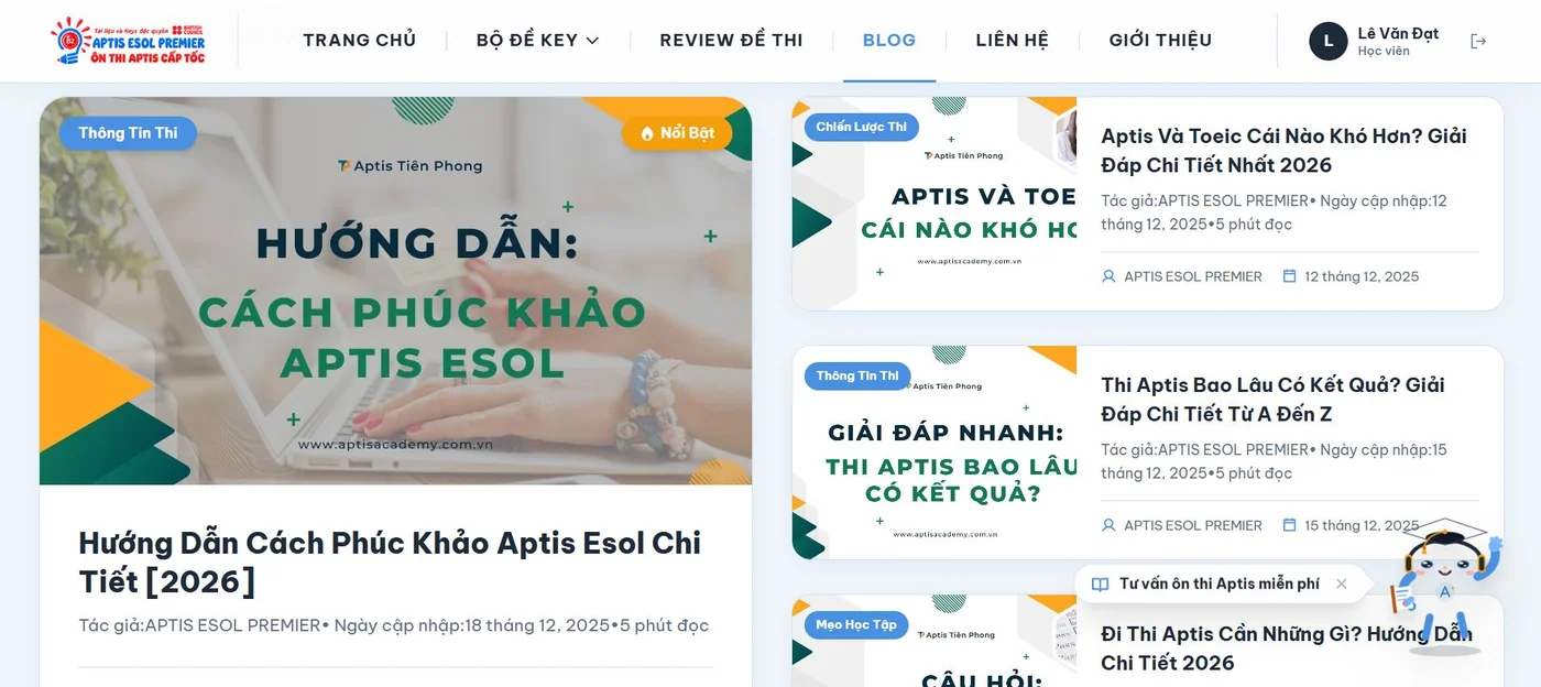 Blog trong demo Luyện kỹ năng tiếng Anh APTIS