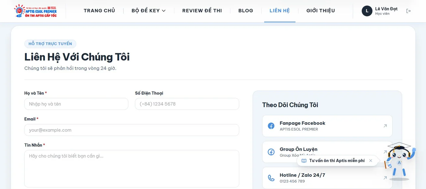 Liên hệ trong demo Luyện kỹ năng tiếng Anh APTIS