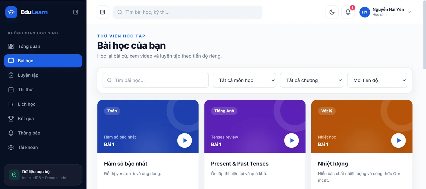 Bài học trong demo Quản lý bài tập EduLearn