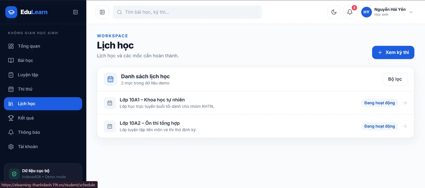 Lịch học trong demo Quản lý bài tập EduLearn