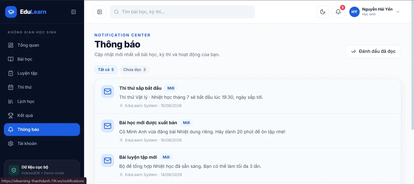 Thông báo trong demo Quản lý bài tập EduLearn