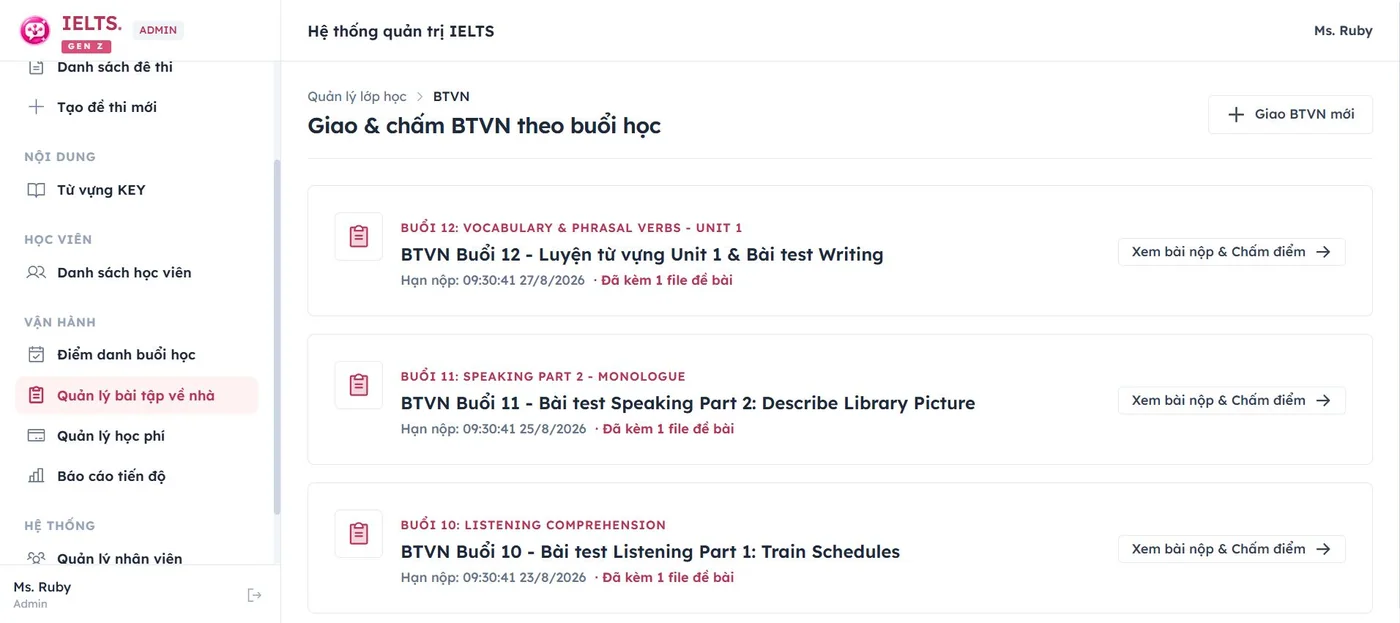 Quản lý bài tập về nhà trong demo IELTS Gen Z