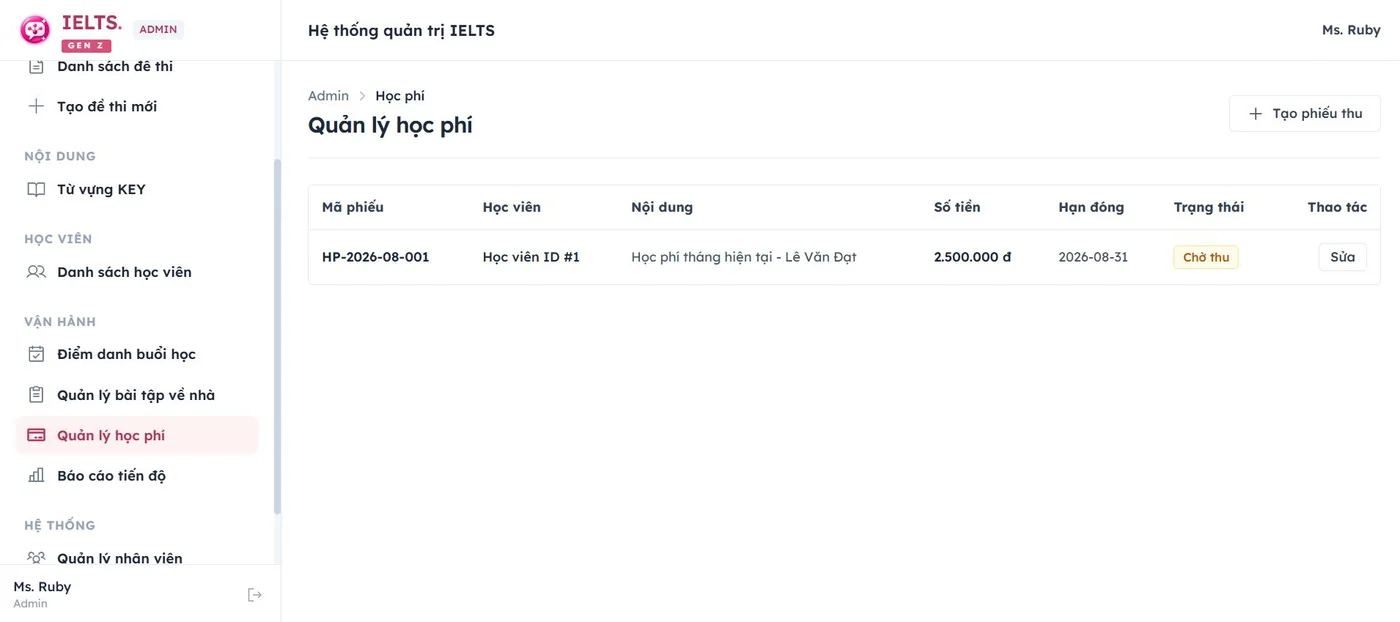 Quản lý học phí trong demo IELTS Gen Z