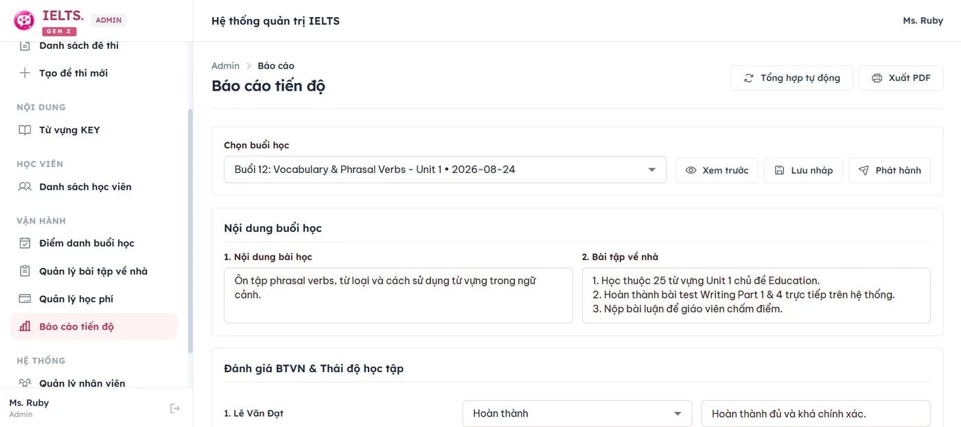 Báo cáo tiến độ trong demo IELTS Gen Z