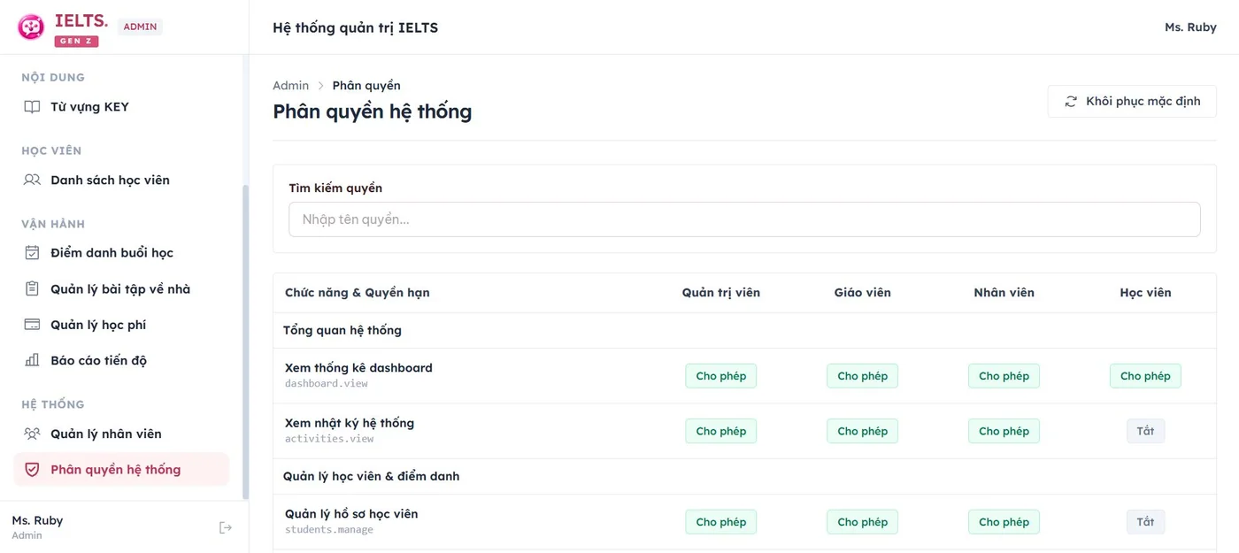 Phân quyền hệ thống trong demo IELTS Gen Z