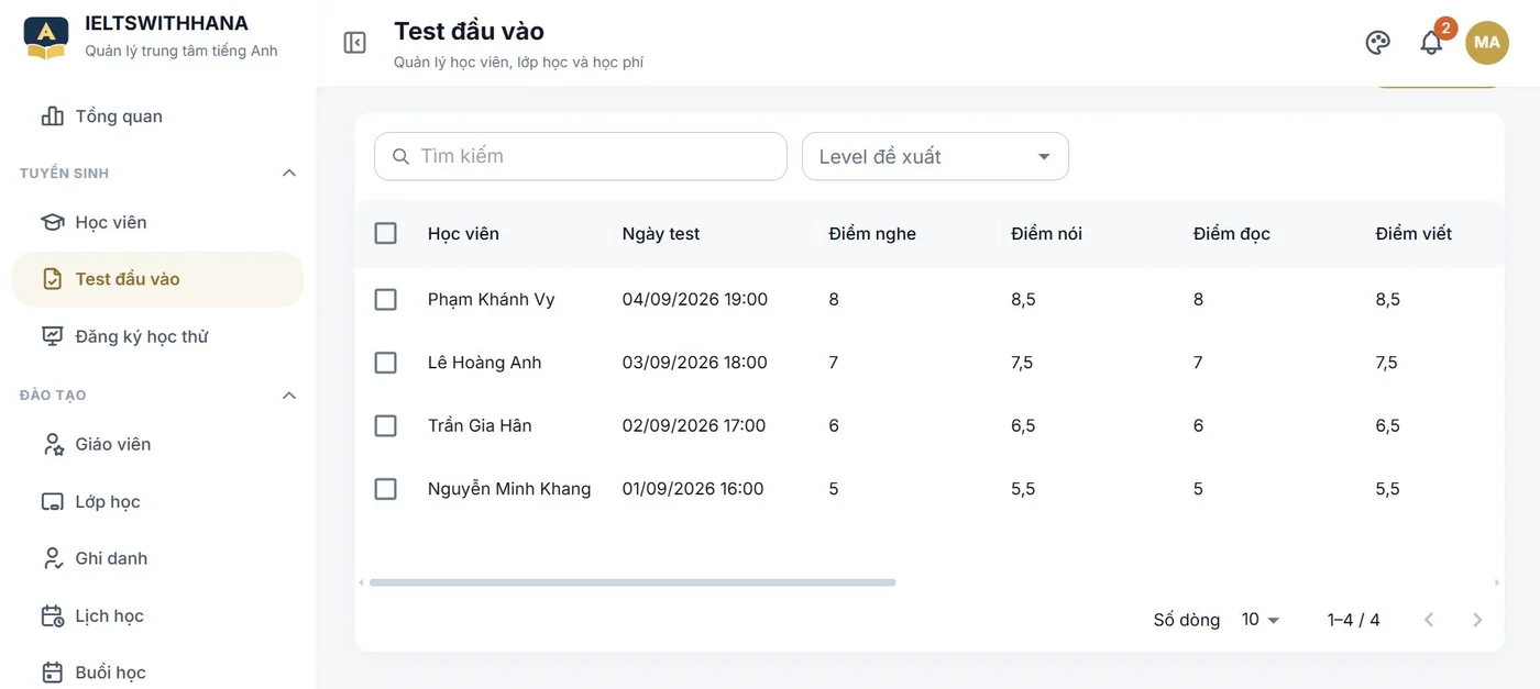Test đầu vào trong demo Trung tâm dạy tiếng Anh