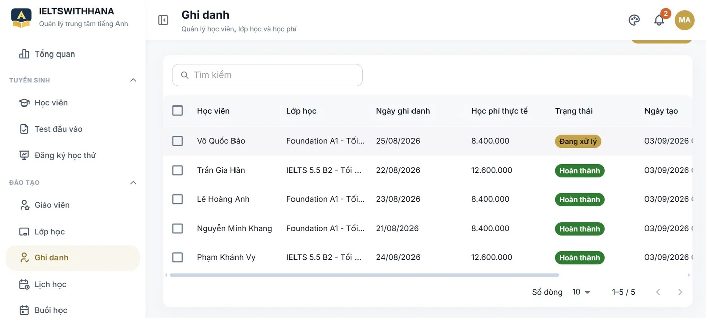 Ghi danh trong demo Trung tâm dạy tiếng Anh