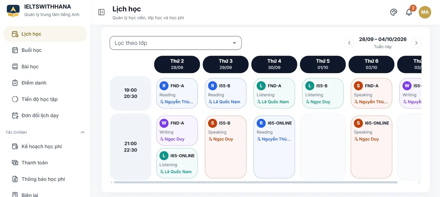 Lịch học trong demo Trung tâm dạy tiếng Anh