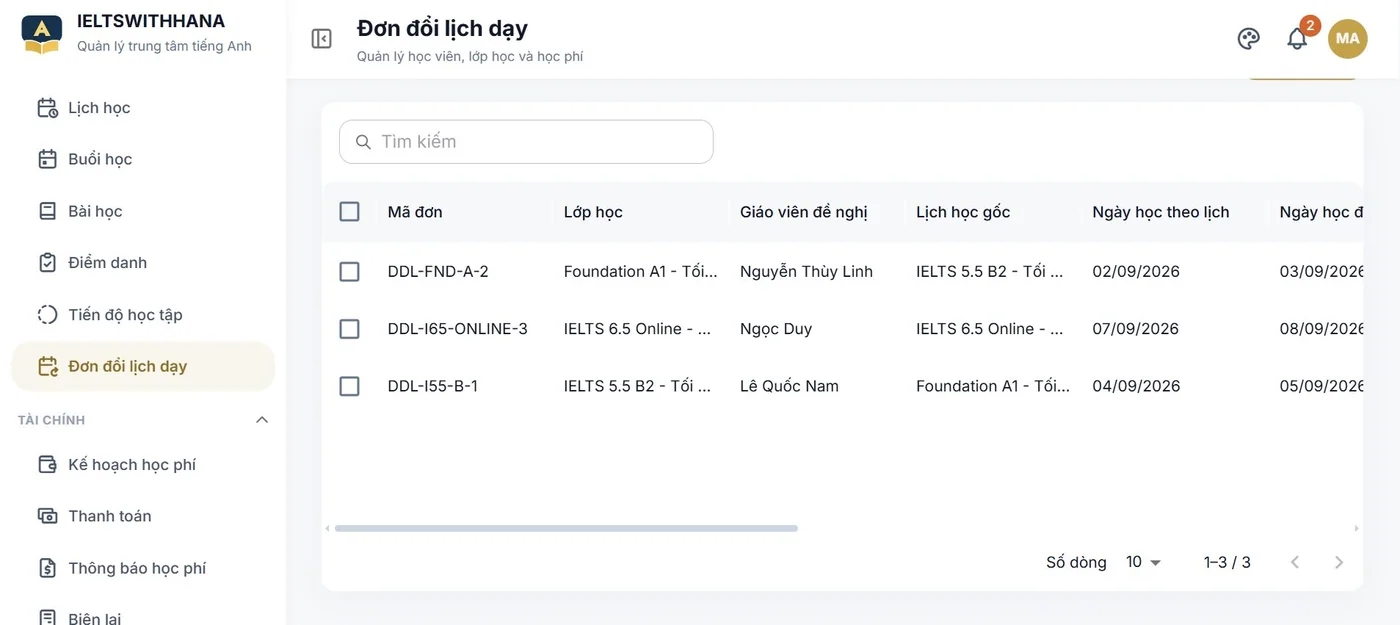Đơn đổi lịch dạy trong demo Trung tâm dạy tiếng Anh