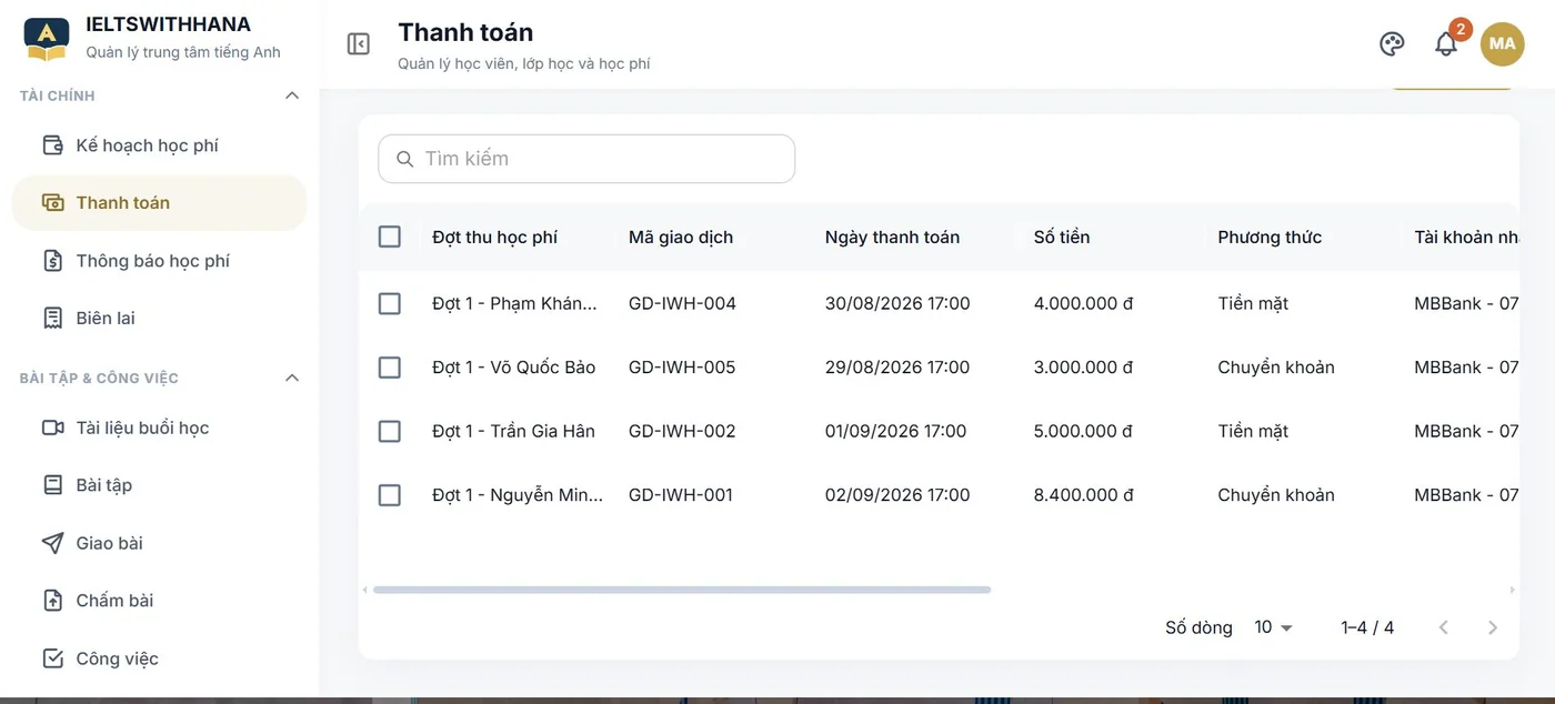 Thanh toán trong demo Trung tâm dạy tiếng Anh