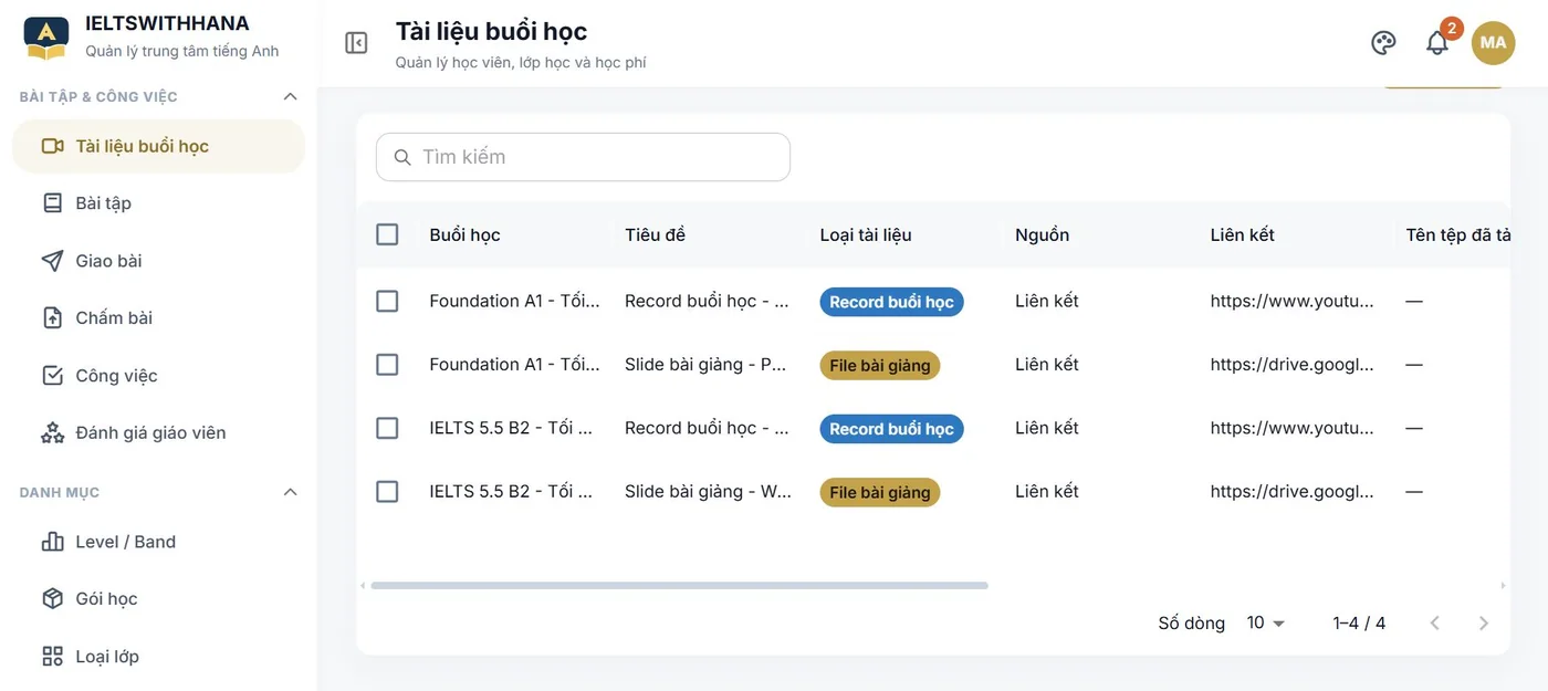 Tài liệu buổi học trong demo Trung tâm dạy tiếng Anh