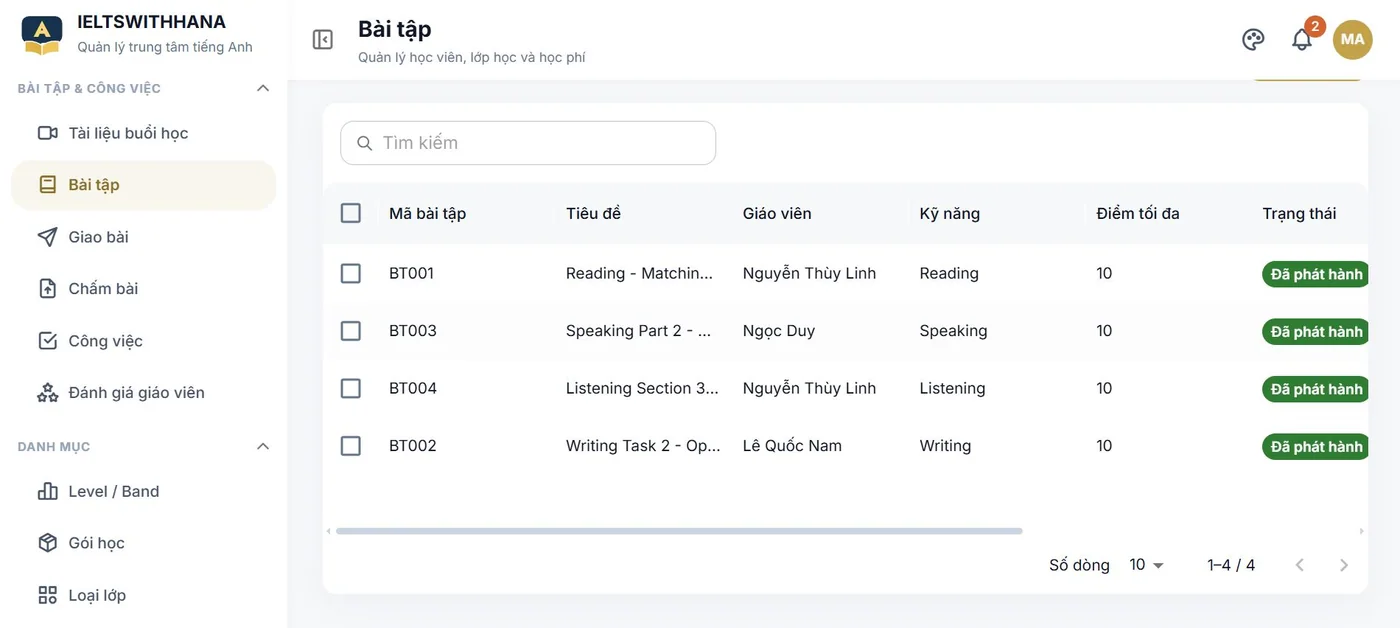 Bài tập trong demo Trung tâm dạy tiếng Anh