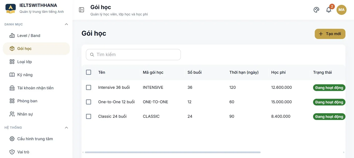 Gói học trong demo Trung tâm dạy tiếng Anh