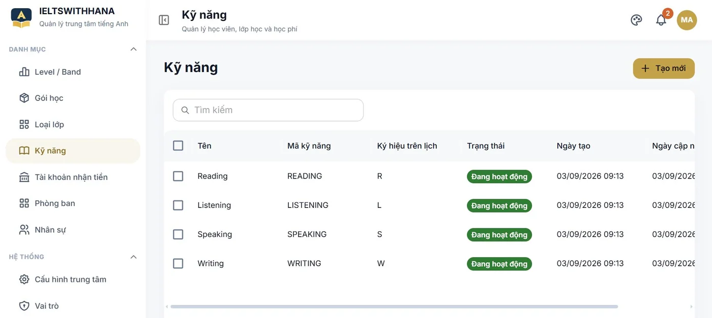 Kỹ năng trong demo Trung tâm dạy tiếng Anh