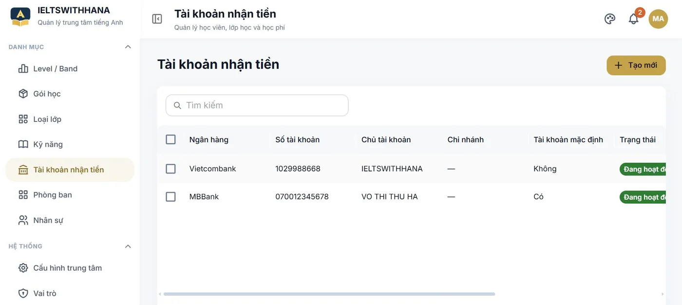 Tài khoản nhận tiền trong demo Trung tâm dạy tiếng Anh