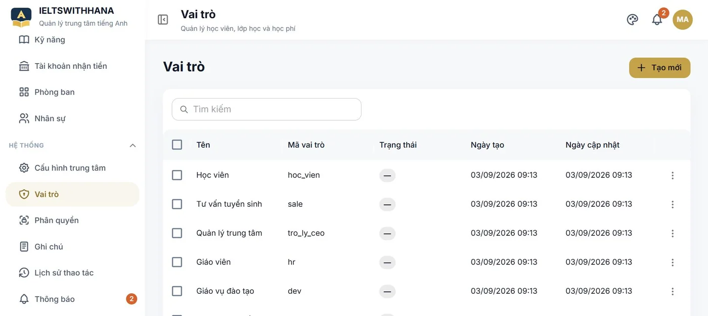 Vai trò trong demo Trung tâm dạy tiếng Anh