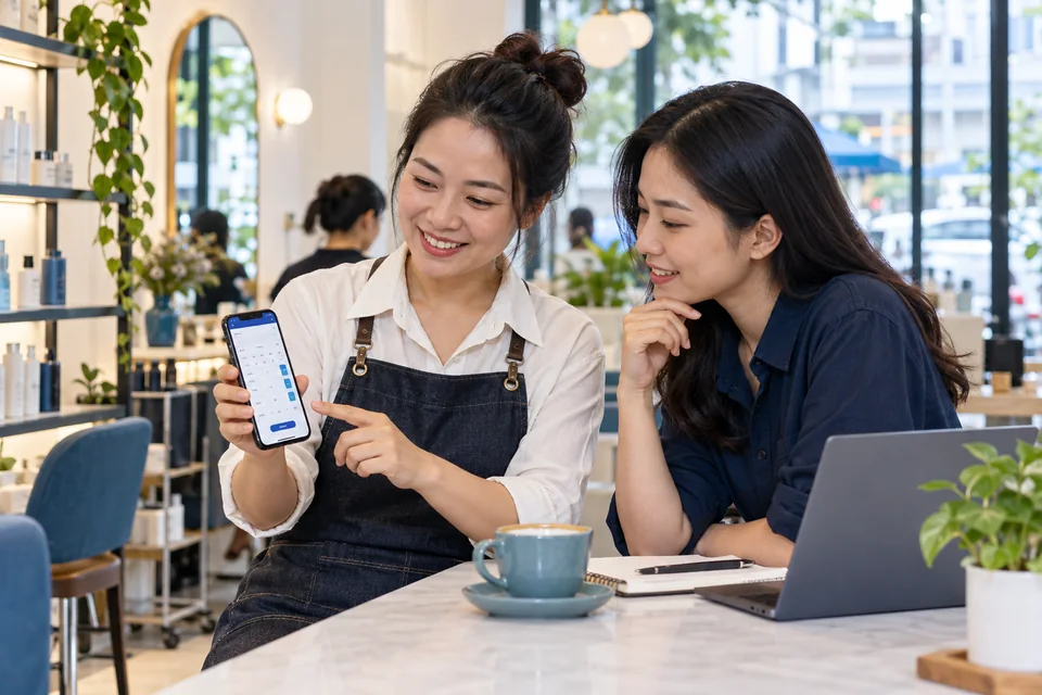 Chủ cơ sở Việt Nam trải nghiệm ứng dụng đặt lịch trên điện thoại