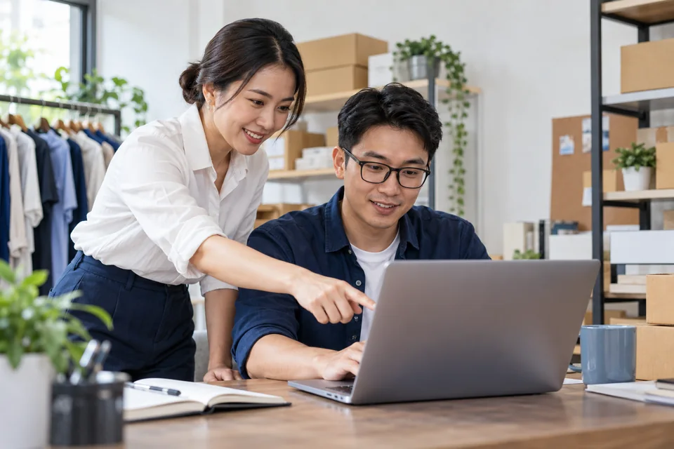 Người quản lý và người thiết kế trao đổi trước màn hình Web App