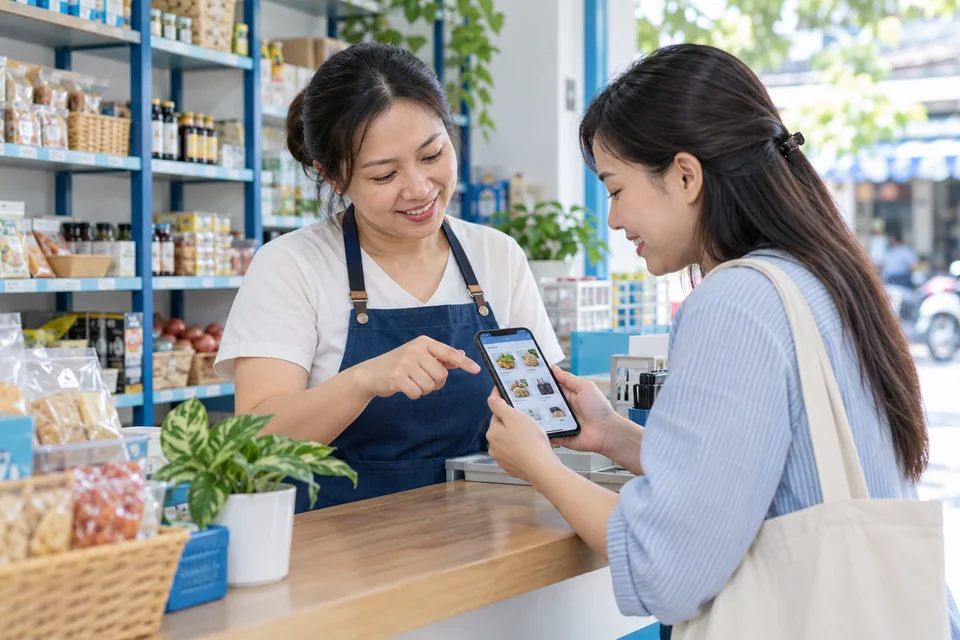 Khách hàng Việt sử dụng điện thoại khi mua hàng tại cửa hàng